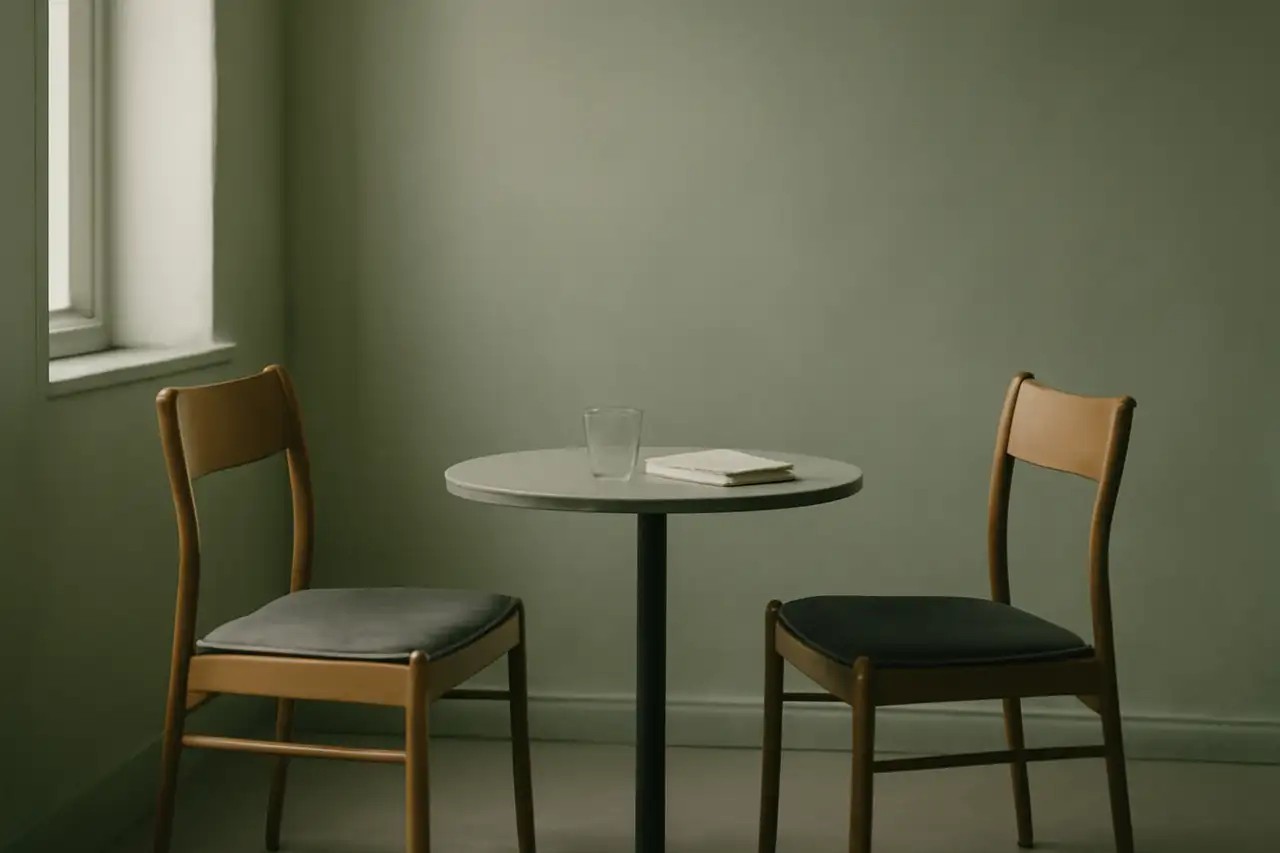 Twee lege stoelen bij een kleine tafel met een glas water en een notitieblok